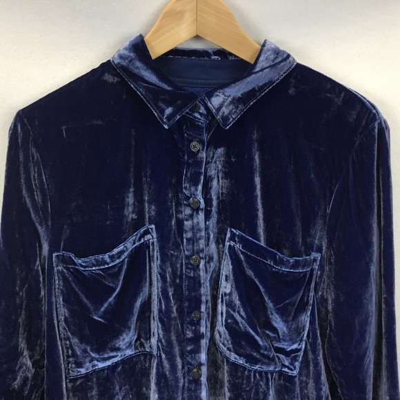 Anthropologie Pilcro The Hadley Crushed Velvet Button Up Shirt Blue Relaxed Sz M - Picture 6 of 10